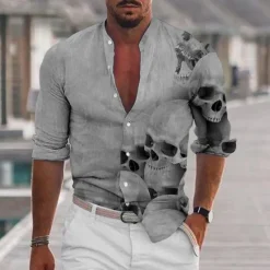 Outlet OUKU Men's Shirt Graphic Shirt Skull Stand Collar Black White+Black White Light Grey Gray 3D Print Outdoor Halloween Long Sleeve Print Button-Down Clothing Apparel Fashion Designer Casual Comfortable