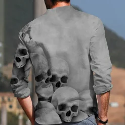 Outlet OUKU Men's Shirt Graphic Shirt Skull Stand Collar Black White+Black White Light Grey Gray 3D Print Outdoor Halloween Long Sleeve Print Button-Down Clothing Apparel Fashion Designer Casual Comfortable