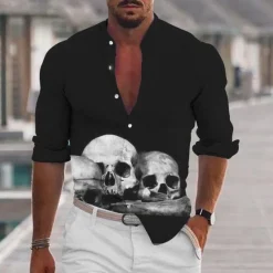 Outlet OUKU Men's Shirt Graphic Shirt Skull Stand Collar Black White+Black White Light Grey Gray 3D Print Outdoor Halloween Long Sleeve Print Button-Down Clothing Apparel Fashion Designer Casual Comfortable