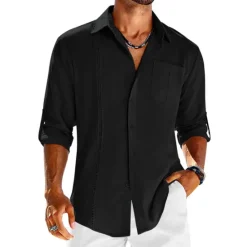 OUKU Men's Shirt Guayabera Shirt Linen Shirt Button Up Shirt Summer Shirt Beach Shirt Black White Navy Blue Long Sleeve Plain Turndown Spring & Summer Casual Daily Clothing Apparel Patchwork