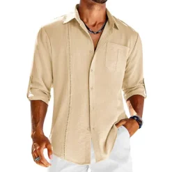 OUKU Men's Shirt Guayabera Shirt Linen Shirt Button Up Shirt Summer Shirt Beach Shirt Black White Navy Blue Long Sleeve Plain Turndown Spring & Summer Casual Daily Clothing Apparel Patchwork