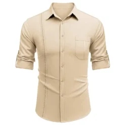 OUKU Men's Shirt Guayabera Shirt Linen Shirt Button Up Shirt Summer Shirt Beach Shirt Black White Navy Blue Long Sleeve Plain Turndown Spring & Summer Casual Daily Clothing Apparel Patchwork