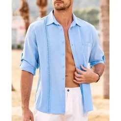 OUKU Men's Shirt Guayabera Shirt Linen Shirt Button Up Shirt Summer Shirt Beach Shirt Black White Navy Blue Long Sleeve Plain Turndown Spring & Summer Casual Daily Clothing Apparel Patchwork