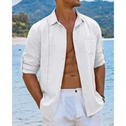 OUKU Men's Shirt Guayabera Shirt Linen Shirt Button Up Shirt Summer Shirt Beach Shirt Black White Navy Blue Long Sleeve Plain Turndown Spring & Summer Casual Daily Clothing Apparel Patchwork