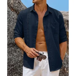 OUKU Men's Shirt Guayabera Shirt Linen Shirt Button Up Shirt Summer Shirt Beach Shirt Black White Navy Blue Long Sleeve Plain Turndown Spring & Summer Casual Daily Clothing Apparel Patchwork