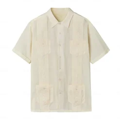 Hot OUKU Men's Shirt Guayabera Shirt Light Yellow Black White Light Green Pink Short Sleeve Turndown School Performance Embroidered Clothing Apparel Elegant Vacation Vintage Neutral