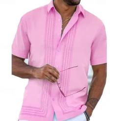 New OUKU Men's Shirt Guayabera Shirt Summer Shirt Button Up Shirt White Pink Blue Short Sleeve Tribal Turndown Outdoor Street Button-Down Clothing Apparel Fashion Chinese Style Casual Breathable