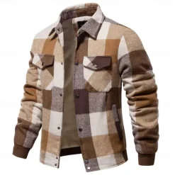 Best OUKU Men's Shirt Jacket Casual Jacket Flannel Fleece Jacket Casual Daily Sexy Fall & Winter Color Block Plaid / Striped / Chevron / Round Casual Lapel Regular Black Royal Blue Khaki Jacket