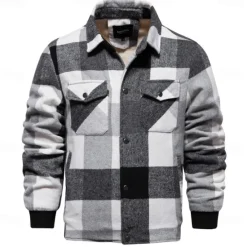 Best OUKU Men's Shirt Jacket Casual Jacket Flannel Fleece Jacket Casual Daily Sexy Fall & Winter Color Block Plaid / Striped / Chevron / Round Casual Lapel Regular Black Royal Blue Khaki Jacket