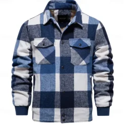 Best OUKU Men's Shirt Jacket Casual Jacket Flannel Fleece Jacket Casual Daily Sexy Fall & Winter Color Block Plaid / Striped / Chevron / Round Casual Lapel Regular Black Royal Blue Khaki Jacket