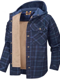 New OUKU Men's Shirt Jacket Fleece Jacket Shacket Formal Home Warm Hooded Winter Spring & Fall Grid / Plaid Vintage Western Style Shirt Collar Regular Red Navy Blue Green Khaki Dark Grey Jacket
