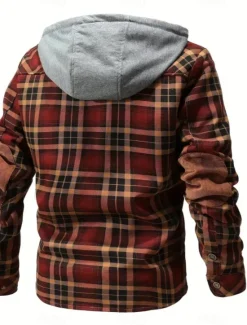 New OUKU Men's Shirt Jacket Fleece Jacket Shacket Formal Home Warm Hooded Winter Spring & Fall Grid / Plaid Vintage Western Style Shirt Collar Regular Red Navy Blue Green Khaki Dark Grey Jacket