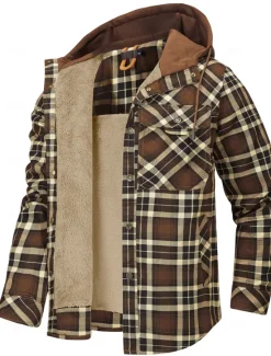 New OUKU Men's Shirt Jacket Fleece Jacket Shacket Formal Home Warm Hooded Winter Spring & Fall Grid / Plaid Vintage Western Style Shirt Collar Regular Red Navy Blue Green Khaki Dark Grey Jacket
