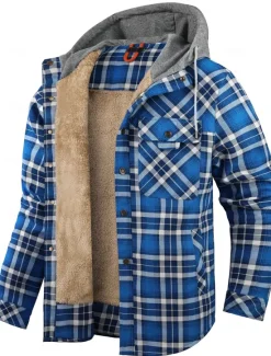 New OUKU Men's Shirt Jacket Fleece Jacket Shacket Formal Home Warm Hooded Winter Spring & Fall Grid / Plaid Vintage Western Style Shirt Collar Regular Red Navy Blue Green Khaki Dark Grey Jacket