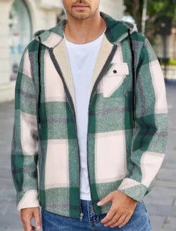 New OUKU Men's Shirt Jacket Hoodied Jacket Shacket Flannel Fleece Jacket Daily Vacation Thermal Warm Hooded Fall & Winter Plaid Checkered Fashion Streetwear Lapel Regular Black Dark Red Light Green Red Blue