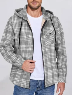 New OUKU Men's Shirt Jacket Hoodied Jacket Shacket Flannel Fleece Jacket Daily Vacation Thermal Warm Hooded Fall & Winter Plaid Checkered Fashion Streetwear Lapel Regular Black Dark Red Light Green Red Blue