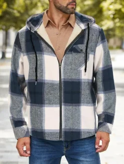 New OUKU Men's Shirt Jacket Hoodied Jacket Shacket Flannel Fleece Jacket Daily Vacation Thermal Warm Hooded Fall & Winter Plaid Checkered Fashion Streetwear Lapel Regular Black Dark Red Light Green Red Blue
