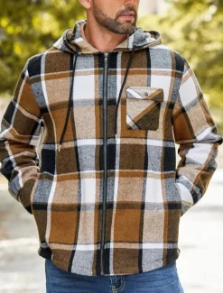 New OUKU Men's Shirt Jacket Hoodied Jacket Shacket Flannel Fleece Jacket Daily Vacation Thermal Warm Hooded Fall & Winter Plaid Checkered Fashion Streetwear Lapel Regular Black Dark Red Light Green Red Blue