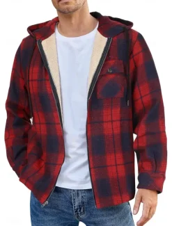 New OUKU Men's Shirt Jacket Hoodied Jacket Shacket Flannel Fleece Jacket Daily Vacation Thermal Warm Hooded Fall & Winter Plaid Checkered Fashion Streetwear Lapel Regular Black Dark Red Light Green Red Blue