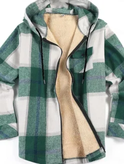 New OUKU Men's Shirt Jacket Hoodied Jacket Shacket Flannel Fleece Jacket Daily Vacation Thermal Warm Hooded Fall & Winter Plaid Checkered Fashion Streetwear Lapel Regular Black Dark Red Light Green Red Blue