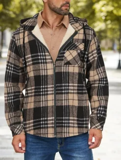 New OUKU Men's Shirt Jacket Hoodied Jacket Shacket Flannel Fleece Jacket Daily Vacation Thermal Warm Hooded Fall & Winter Plaid Checkered Fashion Streetwear Lapel Regular Black Dark Red Light Green Red Blue