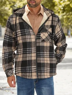 New OUKU Men's Shirt Jacket Hoodied Jacket Shacket Flannel Fleece Jacket Daily Vacation Thermal Warm Hooded Fall & Winter Plaid Checkered Fashion Streetwear Lapel Regular Black Dark Red Light Green Red Blue