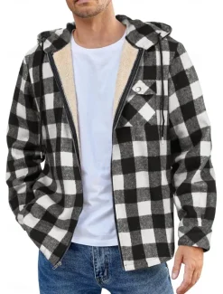 New OUKU Men's Shirt Jacket Hoodied Jacket Shacket Flannel Fleece Jacket Daily Vacation Thermal Warm Hooded Fall & Winter Plaid Checkered Fashion Streetwear Lapel Regular Black Dark Red Light Green Red Blue