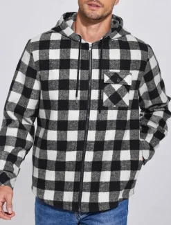 New OUKU Men's Shirt Jacket Hoodied Jacket Shacket Flannel Fleece Jacket Daily Vacation Thermal Warm Hooded Fall & Winter Plaid Checkered Fashion Streetwear Lapel Regular Black Dark Red Light Green Red Blue