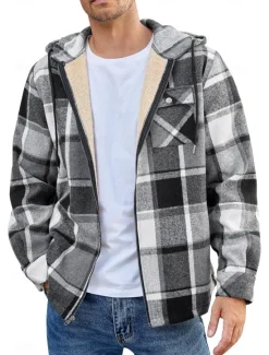 New OUKU Men's Shirt Jacket Hoodied Jacket Shacket Flannel Fleece Jacket Daily Vacation Thermal Warm Hooded Fall & Winter Plaid Checkered Fashion Streetwear Lapel Regular Black Dark Red Light Green Red Blue