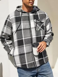 New OUKU Men's Shirt Jacket Hoodied Jacket Shacket Flannel Fleece Jacket Daily Vacation Thermal Warm Hooded Fall & Winter Plaid Checkered Fashion Streetwear Lapel Regular Black Dark Red Light Green Red Blue