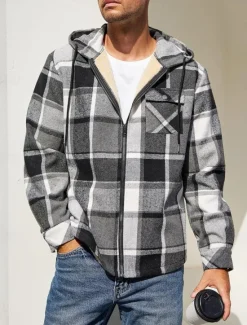New OUKU Men's Shirt Jacket Hoodied Jacket Shacket Flannel Fleece Jacket Daily Vacation Thermal Warm Hooded Fall & Winter Plaid Checkered Fashion Streetwear Lapel Regular Black Dark Red Light Green Red Blue