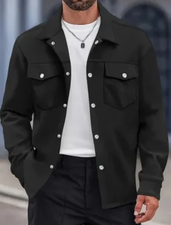 OUKU Men's Shirt Jacket Overshirts Transition Jacket Daily Lightweight Pocket Spring Plain Classic Lapel Regular Black Yellow Navy Blue Green Jacket