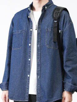 Online OUKU Men's Shirt Jacket Overshirt Denim Shirt Plain Outdoor Daily Black Blue Dark Blue Long Sleeve Lapel Spring & Fall Clothing Apparel Pocket