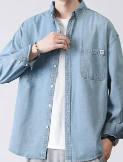 Online OUKU Men's Shirt Jacket Overshirt Denim Shirt Plain Outdoor Daily Black Blue Dark Blue Long Sleeve Lapel Spring & Fall Clothing Apparel Pocket