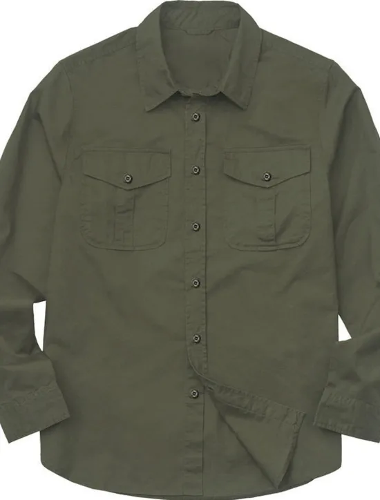 Outlet OUKU Men's Shirt Jacket Overshirt khaki Army Green Dark Blue Long Sleeve Plain Lapel Vacation Daily Front Pocket Clothing Apparel Cotton Cotton Blend Fashion Casual Comfortable