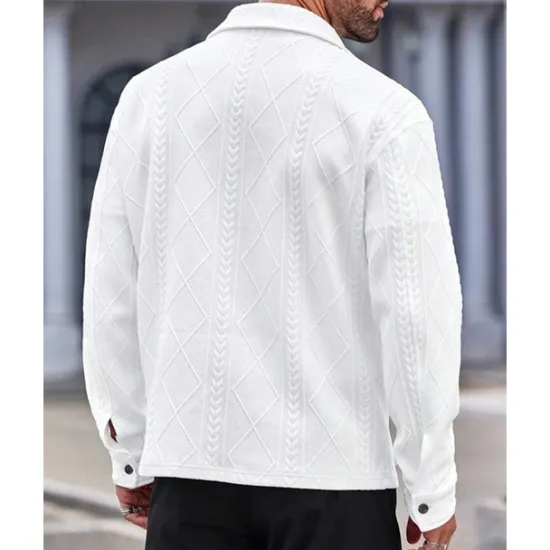Online OUKU Men's Shirt Jacket Overshirt Jacket Plain Vacation Daily Wear Long Sleeve Lapel Fall & Winter Clothing Apparel Jacquard White