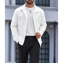 Online OUKU Men's Shirt Jacket Overshirt Jacket Plain Vacation Daily Wear Long Sleeve Lapel Fall & Winter Clothing Apparel Jacquard White