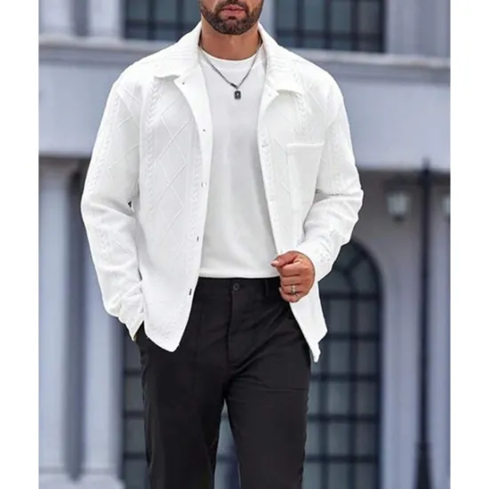 Online OUKU Men's Shirt Jacket Overshirt Jacket Plain Vacation Daily Wear Long Sleeve Lapel Fall & Winter Clothing Apparel Jacquard White