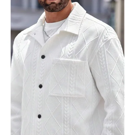 Online OUKU Men's Shirt Jacket Overshirt Jacket Plain Vacation Daily Wear Long Sleeve Lapel Fall & Winter Clothing Apparel Jacquard White