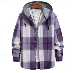 Online OUKU Men's Shirt Jacket Overshirt Plaid Outdoor Daily Pink Purple Green Khaki Long Sleeve Hooded Spring & Fall Clothing Apparel Print