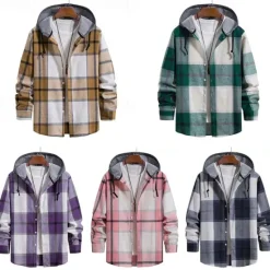 Online OUKU Men's Shirt Jacket Overshirt Plaid Outdoor Daily Pink Purple Green Khaki Long Sleeve Hooded Spring & Fall Clothing Apparel Print