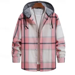 Online OUKU Men's Shirt Jacket Overshirt Plaid Outdoor Daily Pink Purple Green Khaki Long Sleeve Hooded Spring & Fall Clothing Apparel Print