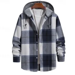 Online OUKU Men's Shirt Jacket Overshirt Plaid Outdoor Daily Pink Purple Green Khaki Long Sleeve Hooded Spring & Fall Clothing Apparel Print