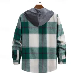 Online OUKU Men's Shirt Jacket Overshirt Plaid Outdoor Daily Pink Purple Green Khaki Long Sleeve Hooded Spring & Fall Clothing Apparel Print