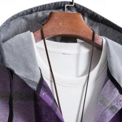 Online OUKU Men's Shirt Jacket Overshirt Plaid Outdoor Daily Pink Purple Green Khaki Long Sleeve Hooded Spring & Fall Clothing Apparel Print