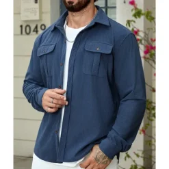 OUKU Men's Shirt Jacket Overshirts Transition Jacket Vacation Lightweight Pocket Summer Spring Plain Classic Lapel Black Navy Blue Blue Army Green Jacket