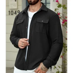 OUKU Men's Shirt Jacket Overshirts Transition Jacket Vacation Lightweight Pocket Summer Spring Plain Classic Lapel Black Navy Blue Blue Army Green Jacket