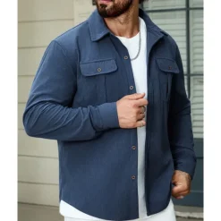 OUKU Men's Shirt Jacket Overshirts Transition Jacket Vacation Lightweight Pocket Summer Spring Plain Classic Lapel Black Navy Blue Blue Army Green Jacket