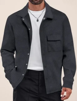 Outlet OUKU Men's Shirt Jacket Transition Jacket Daily Wearproof Pocket Jacquard All Seasons Plain Casual Lapel Regular Black White Khaki Light Grey Dark Gray Jacket