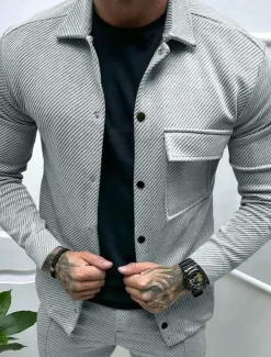 Online OUKU Men's Shirt Jacket Transition Jacket Daily Lightweight Jacquard Summer Spring Plain Classic Lapel Black White Khaki Light Grey Dark Gray Jacket